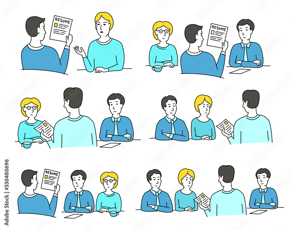 HR interview sketch set. Screening, talking with a job applicant. Male recruiter hired, reading an employee curriculum vitae resume. Vector cartoon. HR interview sketch set. Screening, talking with a job applicant. Male recruiter hired, reading an employee curriculum vitae resume. Vector cartoon.