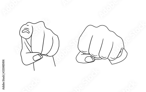 Vector hand with pointing finger and fist gesture, black outline illustrations, isolated.