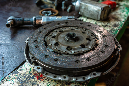 the clutch of the car close up failed and is repaired at the car service