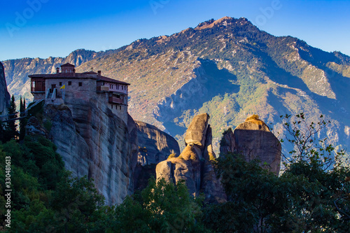 Greece. The mountain monasteries of Meteora. Monasteries in the Meteora. Amazing Orthodox monasteries. Church on top of a mountain in Greece. Mountain landscape of Greece with a Church.