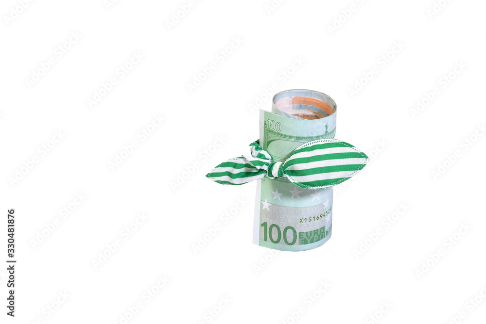Hundred euros banknote curtailed by a tubule with green bow Hundred euros banknote curtailed by a tubule with green bow