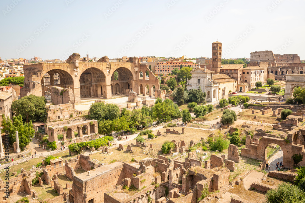 a view over the Roman Forum including the Basilica of Maxentius and Constantine (Basilica di Massenzio), Rome, Lazio, Italy