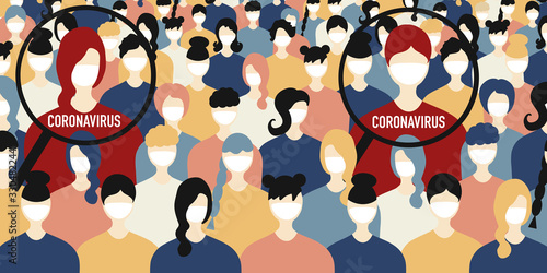 Coronavirus Infected person in a crowd of people, virus scan, checkpoint. Covid-19,  2019-ncov, people in white medical face mask, them attacks the virus. Coronavirus Pandemic Concept