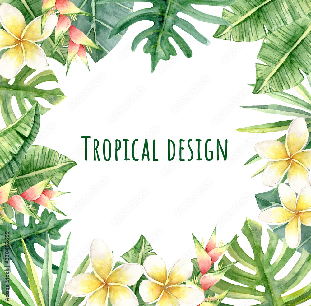 Naklejka premium Tropical frame border with green exotic leaves and flowers. Plumeria and Heliconia flowers. Watercolor florals