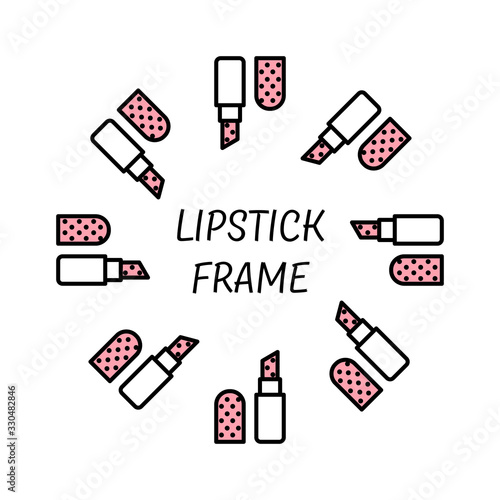 Vector round frame of lipstick icons in a flat linear style with white and pink fill and black stroke on a white background