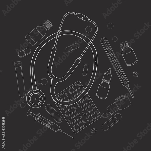 Set of various medical supplies arranged in a circle. White outline on a black background.