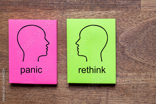 Canvas Print panic and contradicted rethink is written on purple and green notes stickers, ea