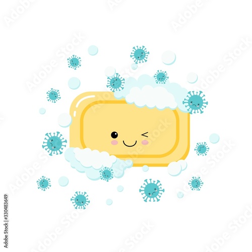 Yellow cute soap acting as a strong brave superhero faces a threatening green coronavirus character