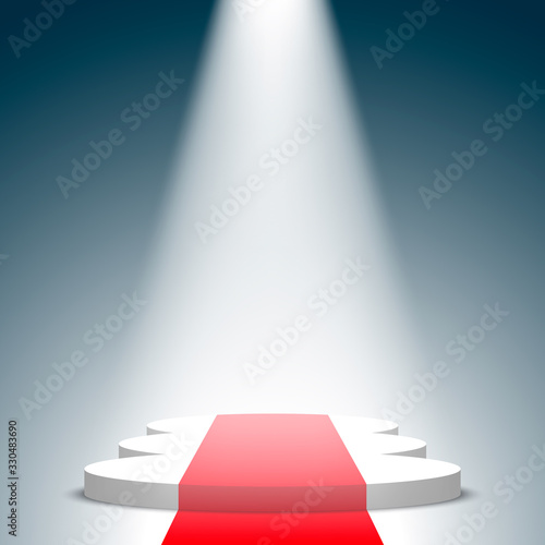 White podium with red carpet and spotlight. Pedestal. Scene. Vector illustration.