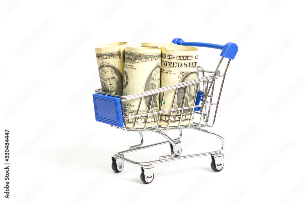 shopping basket with blue inserts with rolls of dollar bills on a white background. isolate
