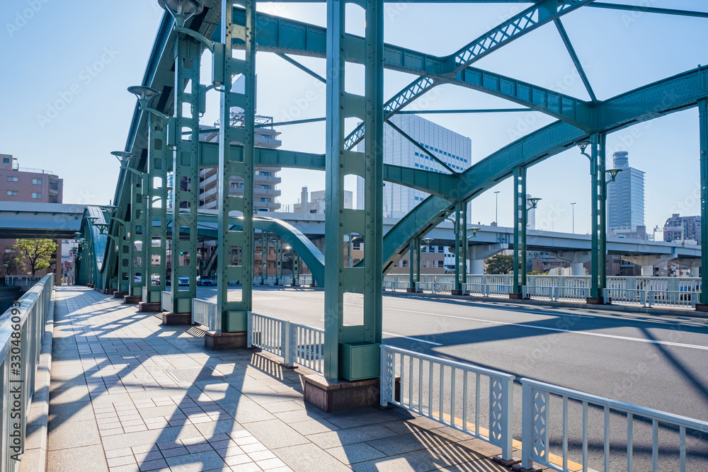 Japan. Tokyo. Iron-concrete bridge close up. Sidewalk. Road ...
