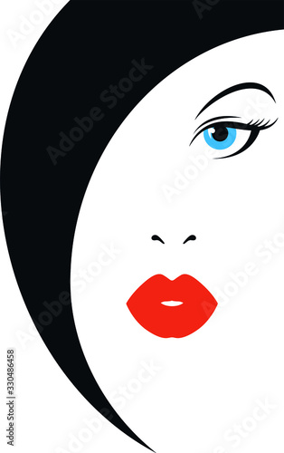Cara de mujer con labios rojos y ojos azules