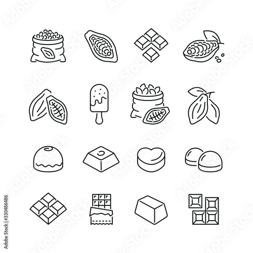 Cocoa and chocolate related icons: thin vector icon set, black and white kit