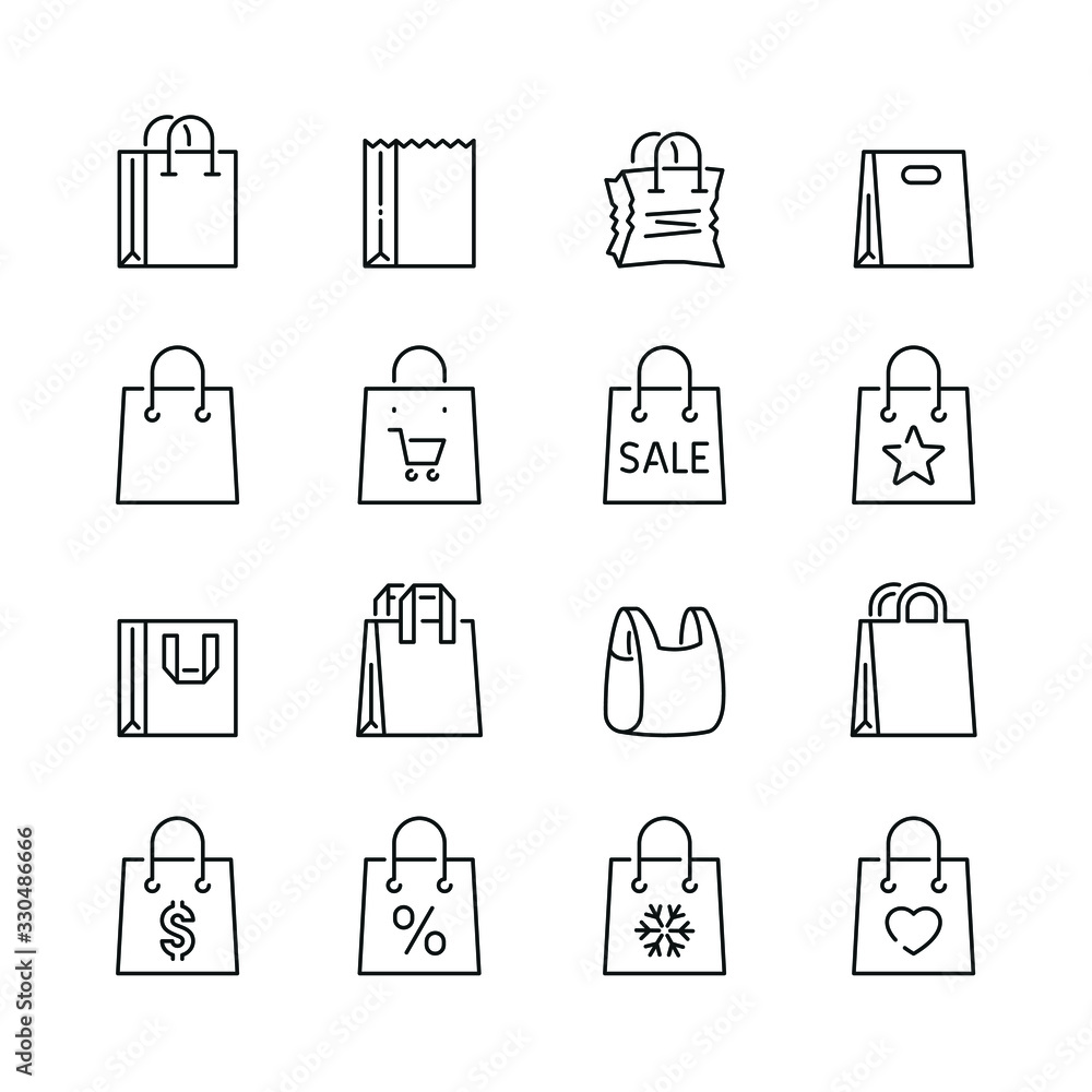 Shopping bag related icons: thin vector icon set, black and white kit Shopping bag related icons: thin vector icon set, black and white kit