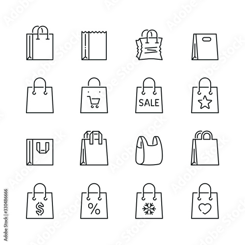 Shopping bag related icons: thin vector icon set, black and white kit