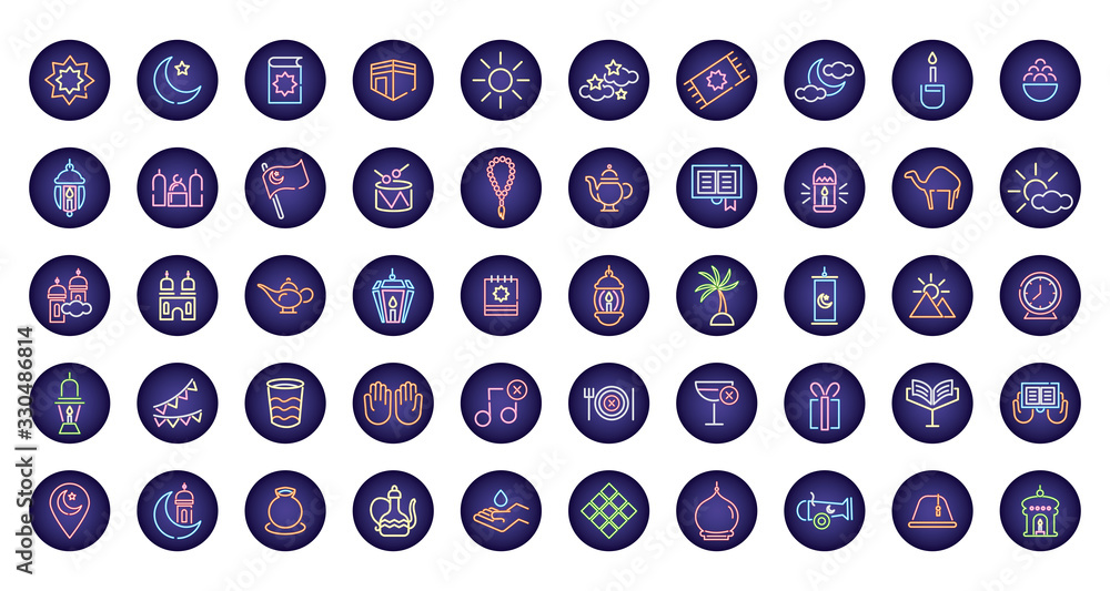 ramadam kareem set neon light style icons ramadam kareem set neon light style icons