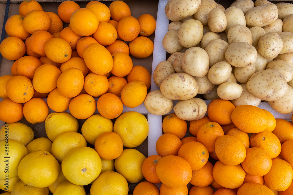 Oranges, pomelo, and potato at an agricultural exhibition