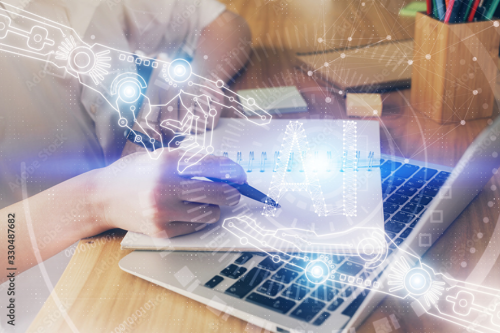 Multi exposure of woman's hands on background with technology and digital coding icons. Data development concept. Multi exposure of woman's hands on background with technology and digital coding icons. Data development concept.