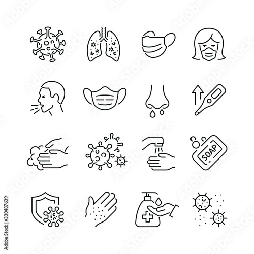 Virus related icons: thin vector icon set, black and white kit
