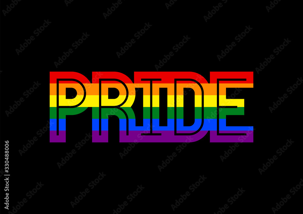 Pride text with rainbow LGBT flag on black background