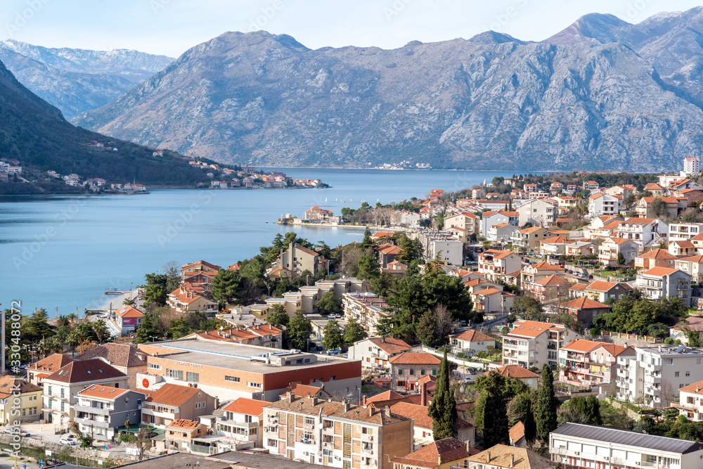 Panoramic view of Kotor bay (Boka Kotorska) and Kotor city, Montenegro