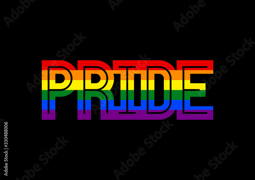 Pride text with rainbow LGBT flag on black background