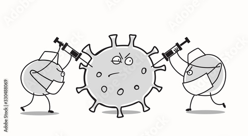 Cartoon antibiotics attack a virus. Linear drawing of a disgruntled coronavirus receives injections from two sides