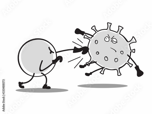 Caricature antibiotic beats the virus. Linear drawing of disgruntled coronavirus misses boxing blow