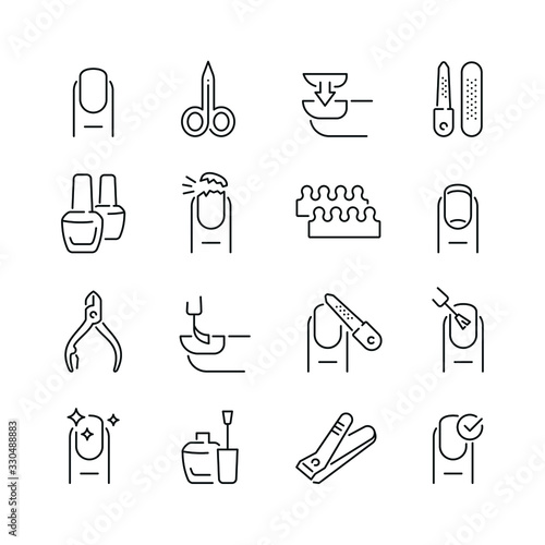 Nails related icons: thin vector icon set, black and white kit photo