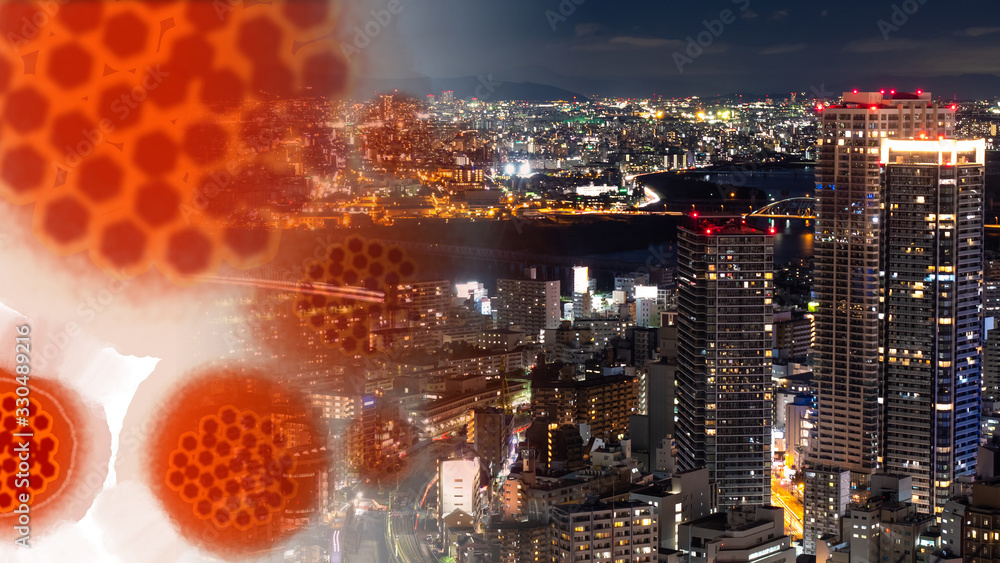 Image of the virus next to the panorama of the city. City in Japan. Osaka. The concept is the spread of the virus in Osaka. The epidemic in Japanese cities. Concept - fever among city dwellers