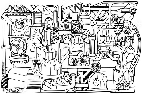 Technology or factory illustration with decorative industrial sketch elements. Vintage linear style concept. Hand drawn.