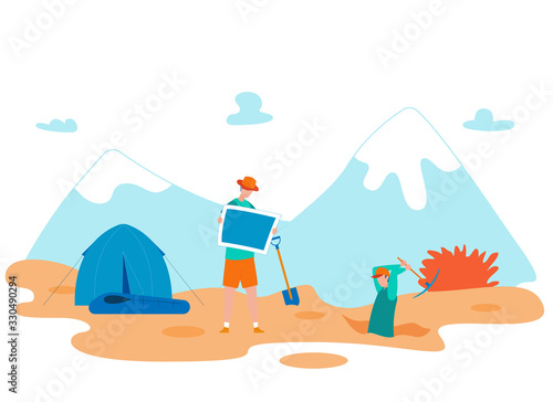 Treasures Hunting Cartoon Vector Illustration. Gold Hunter Digging, Man Checking Treasure Map Flat Character. Mountains Archaeological Excavations. Tourist Tent on Rock, Cliff, Hiking Adventure