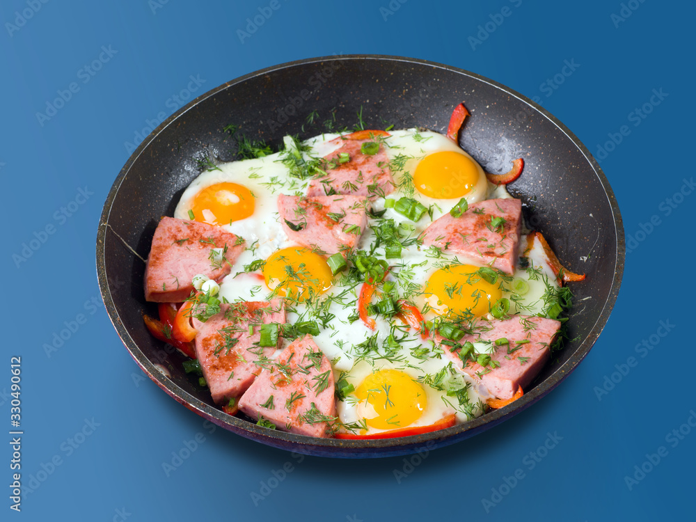 Fried sausage fried eggs in a pan. Side view Fried sausage fried eggs in a pan. Side view