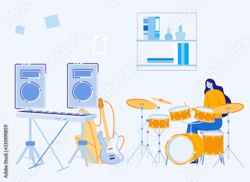 Young Woman Drummer Playing on Drums Rhythmic Melody for Pop Rock Acoustic Concert. Talented Artist Training for Concert Performance in Studio with Musical Instruments Cartoon Flat Vector Illustration