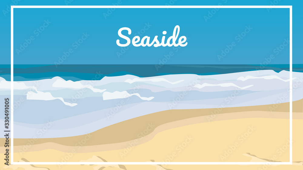 Seaside Banner. Blue Sea Beach Coastline Vector Illustration. Tropical Island Coast. Summer Day at Ocean Shore. Recreation Relax Travel. Marine Nature Seascape. Exotic Journey Trip