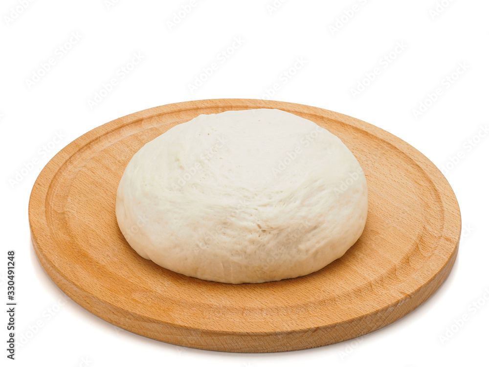 fresh raw dough on wooden board isolated on white background, top view fresh raw dough on wooden board isolated on white background, top view