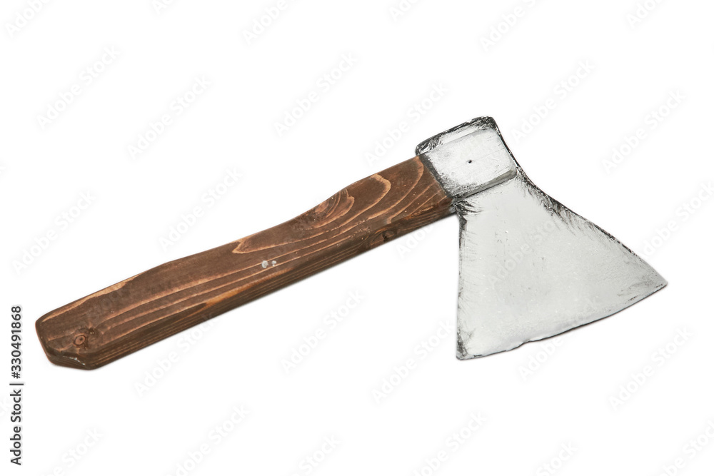 Decorative ax with a wooden handle on a white background. Isolated.