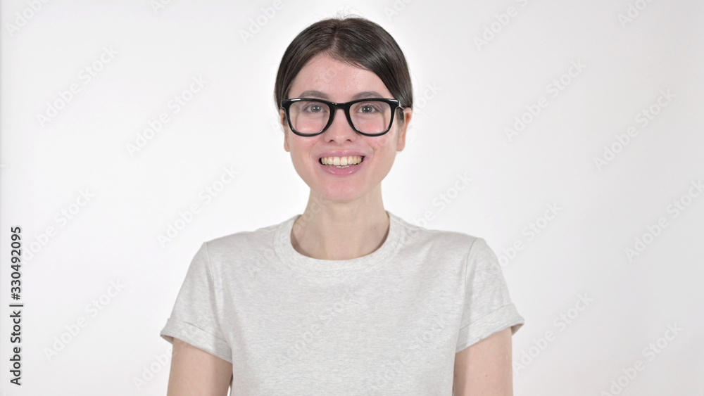 The Cheerful Woman Smiling at Camera on White Background