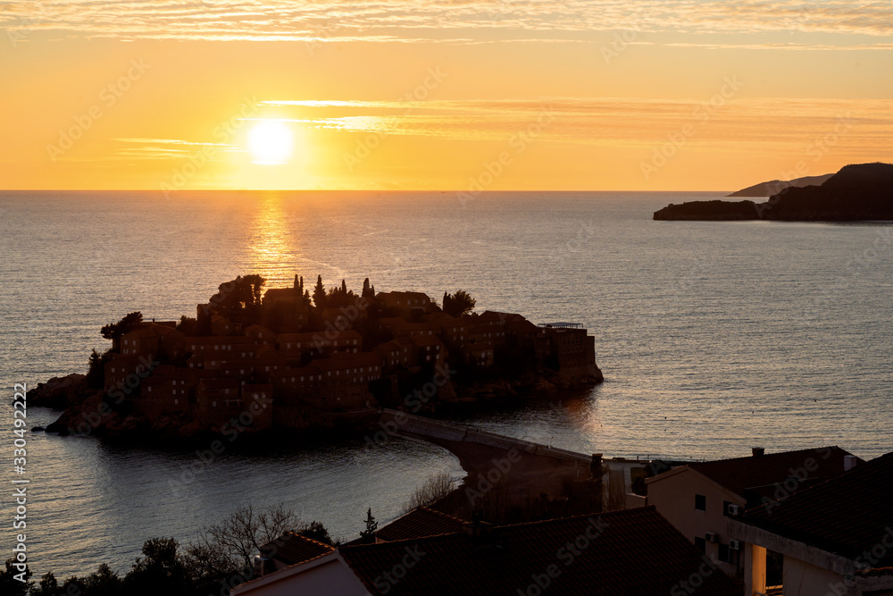 Sveti Stefan Island at Sunset in Montenegro. Balkans, Adriatic Sea. European Summer Resort