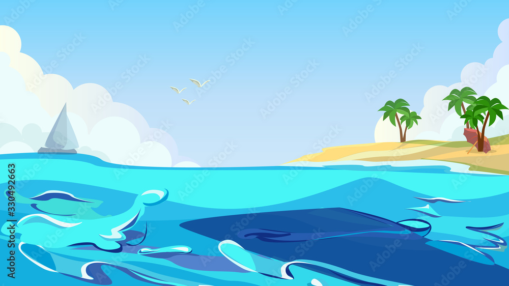 Seaside Blue Sea, Tropical Island Coast Vector Illustration. Palm Tree on Beach Shore, Seagull in Sky. Ship Boat Yacht in Ocean. Summer Day Recreation Relax. Travel, Exotic Journey Trip