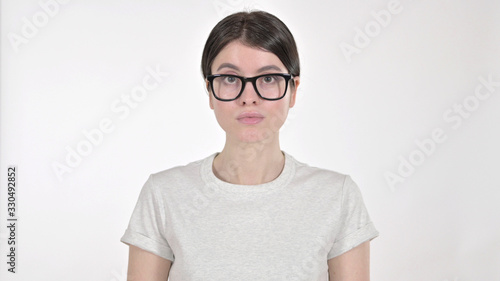 The Young Woman looking at Camera on White Background