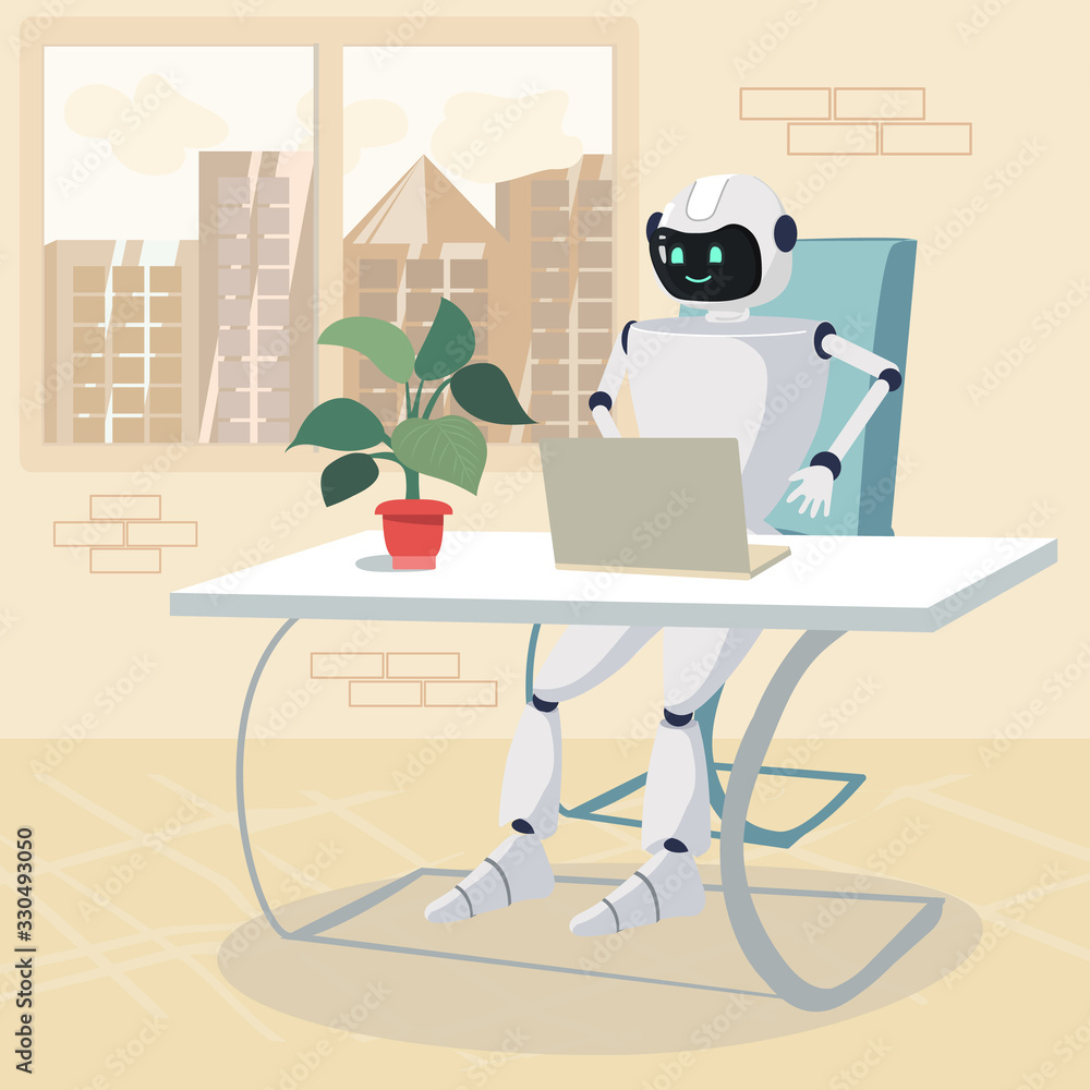 Fotografie Positive Artificial Intelligence Robotic Intellect Working on Laptop in Office