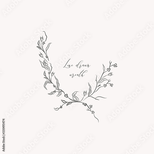 line drawing vector floral wreath, frame with hand drawn flowers, branches, leaves, plants, herbs, laurels. Botanical illustration. Leaf logo. Wedding invitation, monogram