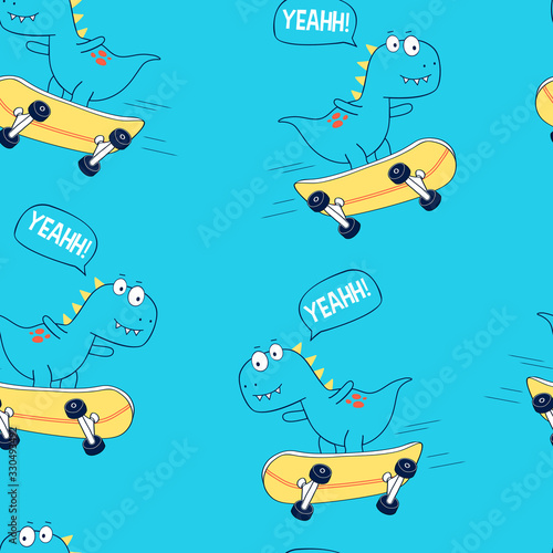 Hand drawing print design. Skater dinosaur and slogans seamless pattern vector illustration .
