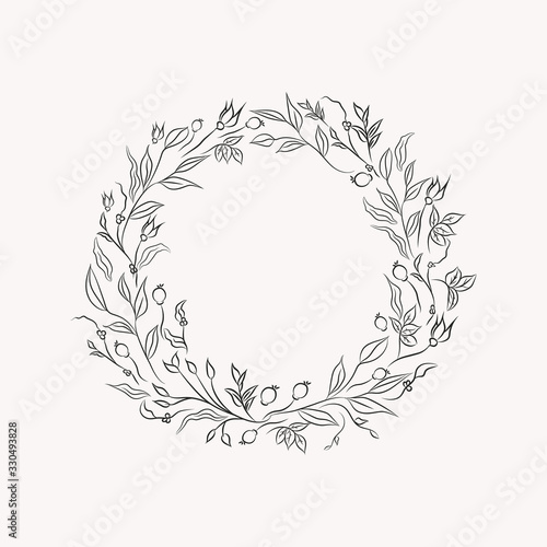 line drawing vector floral wreath, opulent round frame with hand drawn flower...