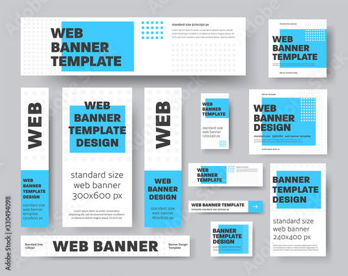 Set of vector geometric web banners with blue rectangle and gray squares.
