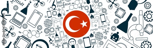 Innovation and technology concept. Circle frame with thin line icons. Flag of the Turkey