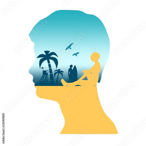 Summer vacation relative collage. Double exposure portrait of young man and beautiful woman at the tropical beach. Palms, birds and safe guard tower on backdrop
