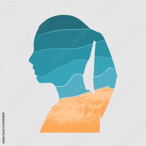 Blue and bright turquoise sea, yellow sand background. Tropical beach. Top view. Double exposure portrait of young woman and seashore