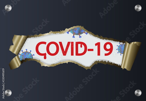 Covid-19 Coronavirus concept inscription typography design logo with torn paper. photo